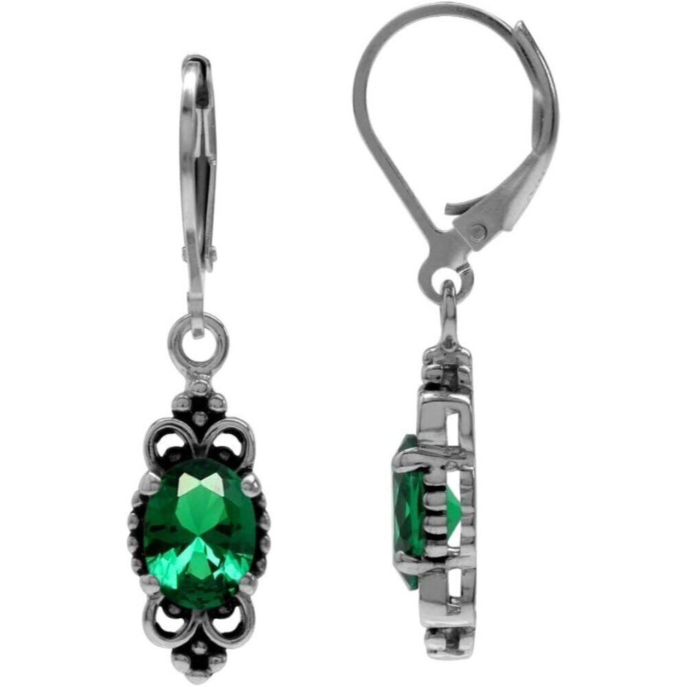 🆕 Women Green Leverback Dangle Earrings Oval Shape Sterling Bali Balinese Style